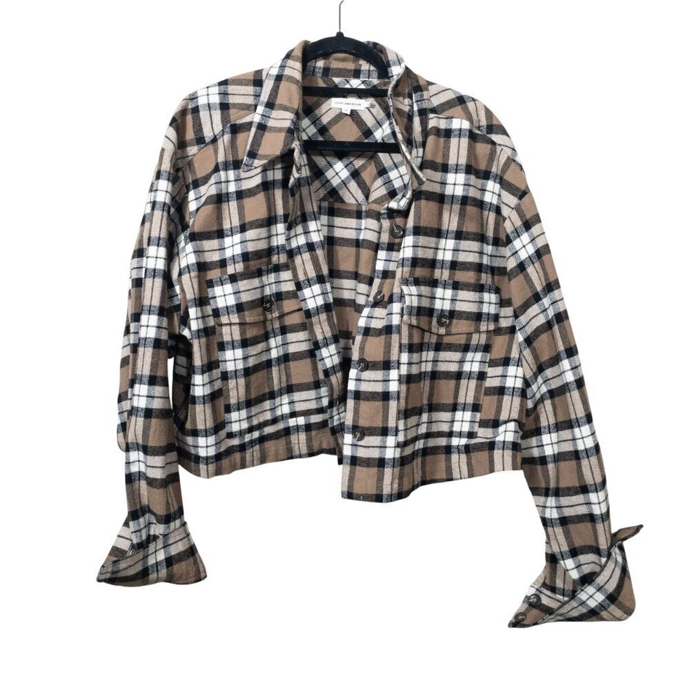 Good American Brown Cropped Plaid Flannel Shacket SZ 1XL (5) Fall Layers